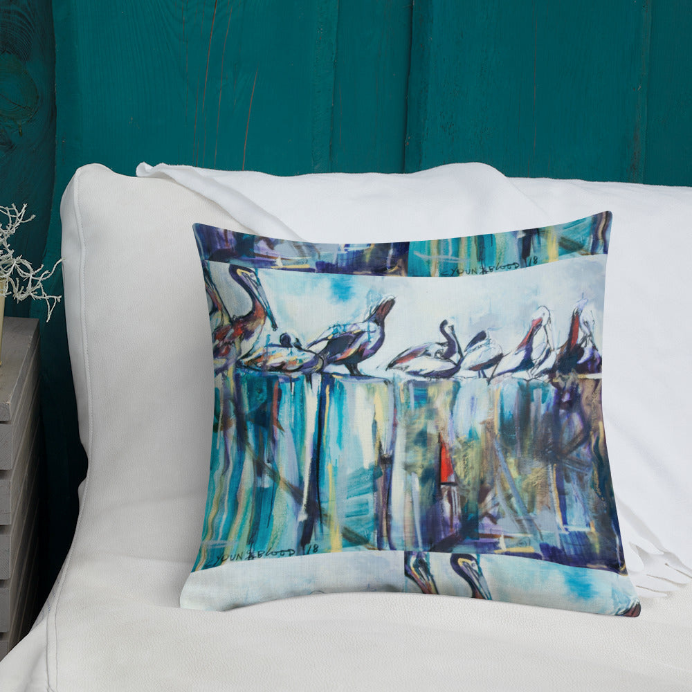 Bold Pelicans on the Pier Premium Pillow