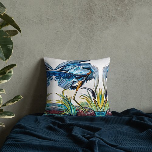 Blue Heron Catching Fish Pattern Premium Pillow