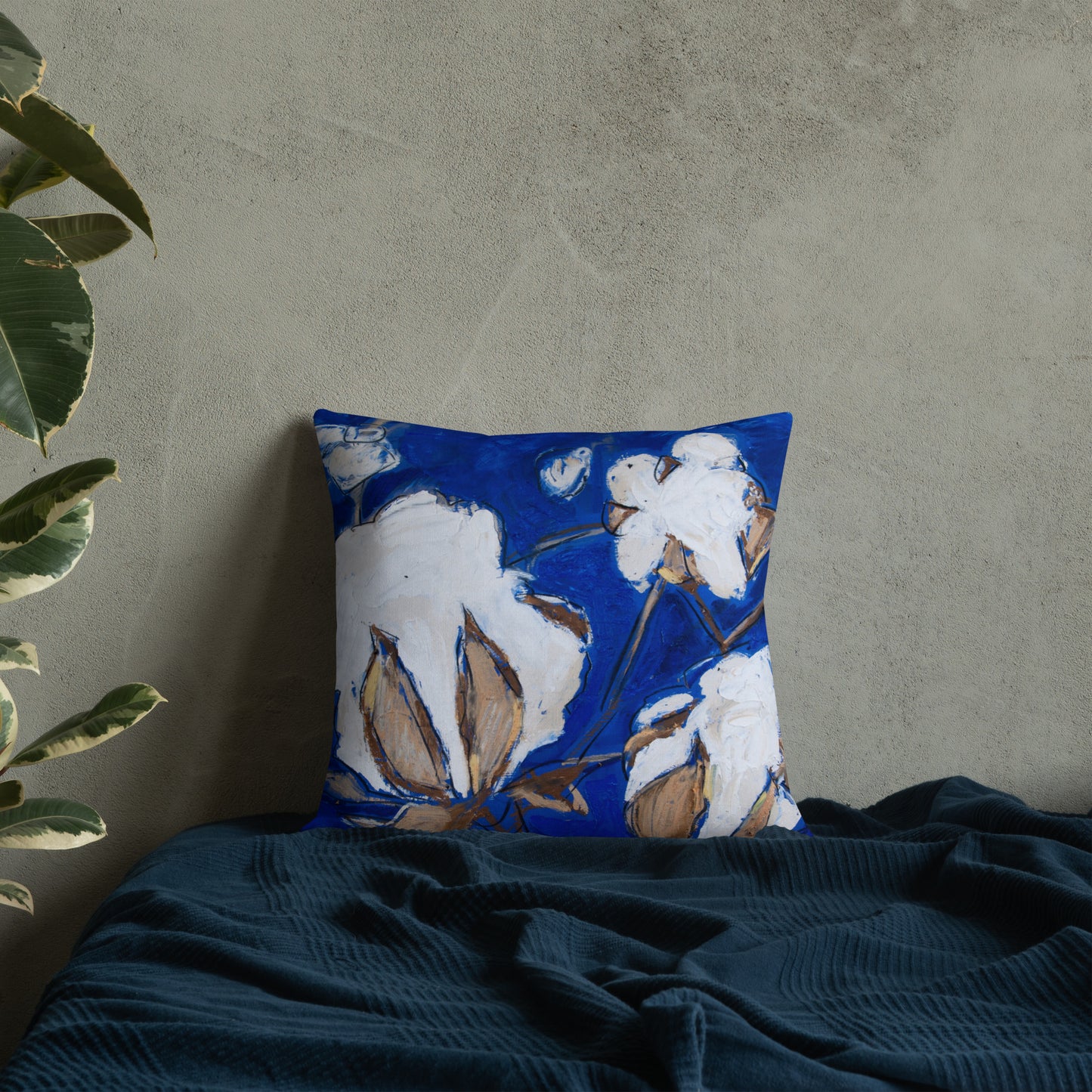 Cobalt Blue Cotton Stalks Premium Pillow