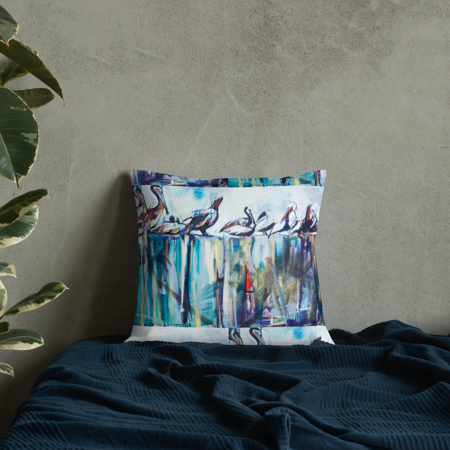 Bold Pelicans on the Pier Premium Pillow