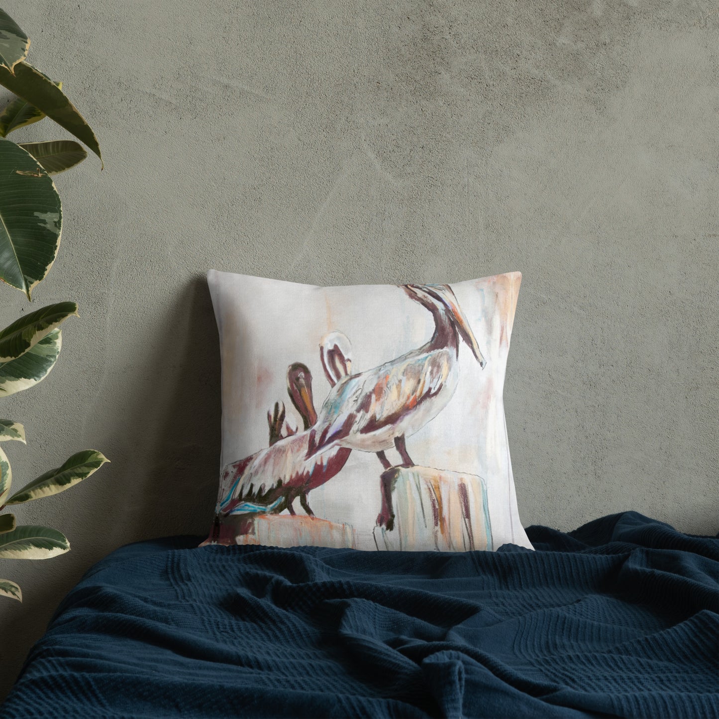 Pelicans in the Fog with Metallic Silver Premium Pillow