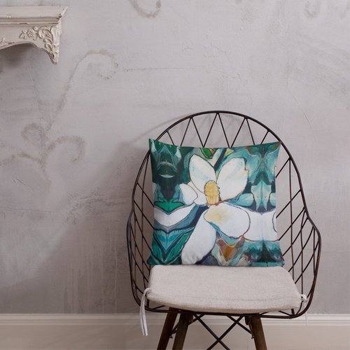 Vertical Magnolia with Teal Grey Premium Pillow