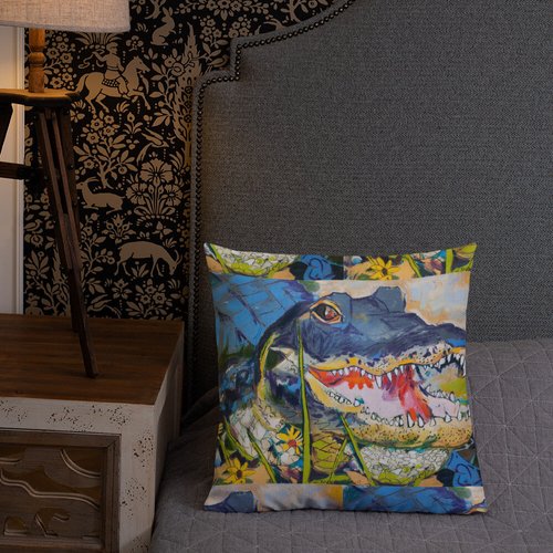 Gator with Wildflowers Pattern Premium Pillow