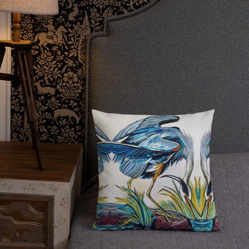 Blue Heron Catching Fish Pattern Premium Pillow