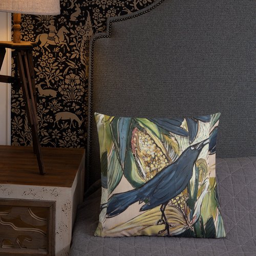 Grackle with Corn Pattern Premium Pillow