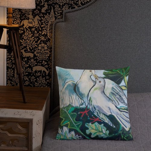 Doves in Abstract Landscape Premium Pillow