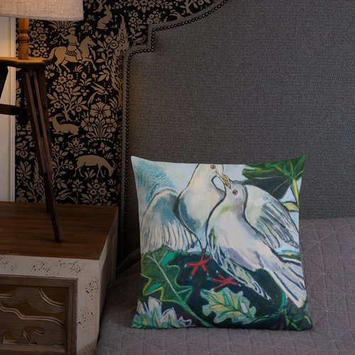 Doves in Abstract Landscape Premium Pillow