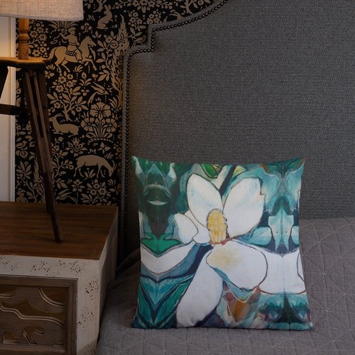 Vertical Magnolia with Teal Grey Premium Pillow