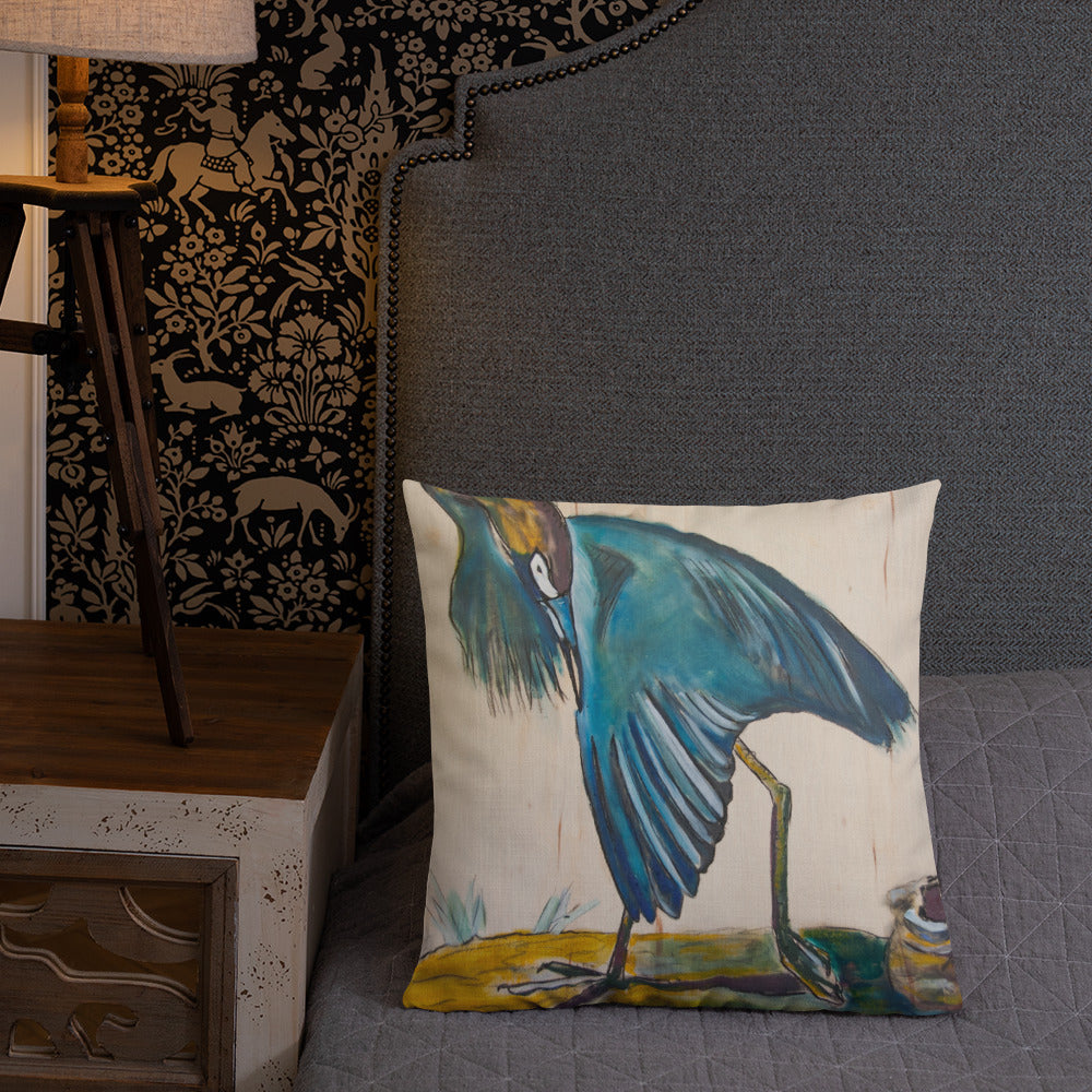 Blue Heron Showing Wing on Wood Premium Pillow