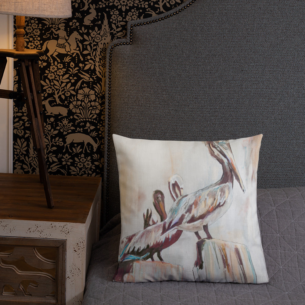 Pelicans in the Fog with Metallic Silver Premium Pillow