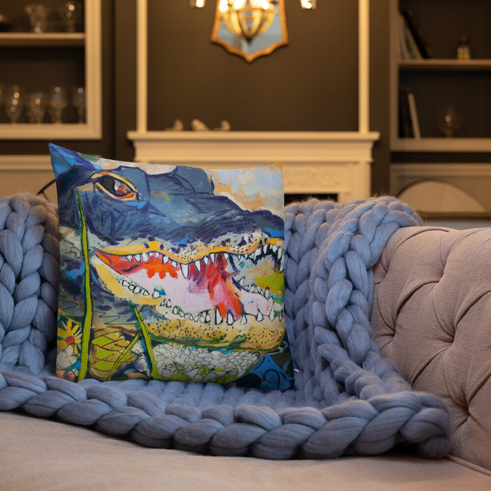 Cropped Gator with Wildflowers Premium Pillow