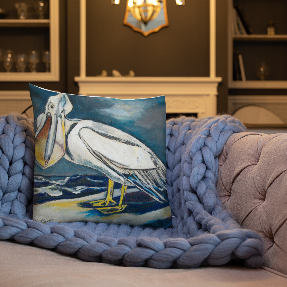 White Pelican on the Shore Premium Pillow