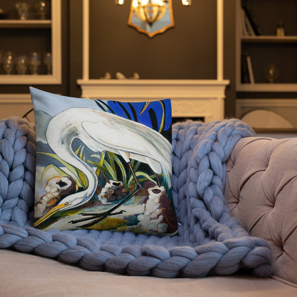 White Heron with Crawfish Piles Premium Pillow