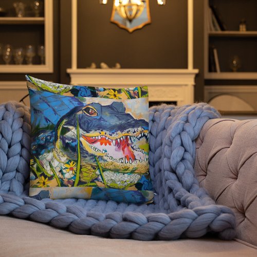 Gator with Wildflowers Pattern Premium Pillow