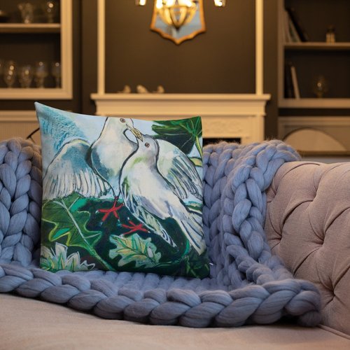 Doves in Abstract Landscape Premium Pillow