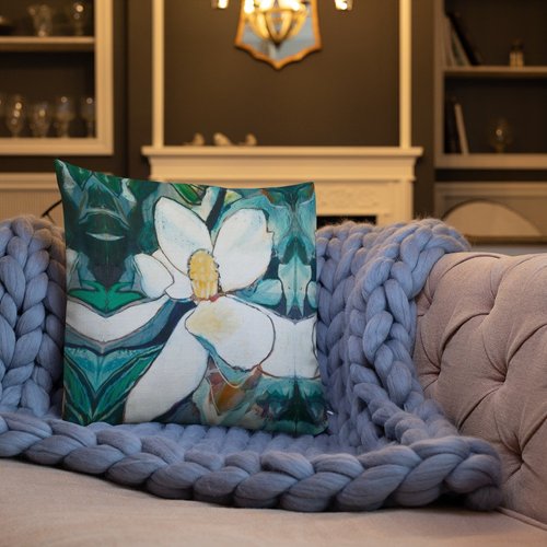 Vertical Magnolia with Teal Grey Premium Pillow