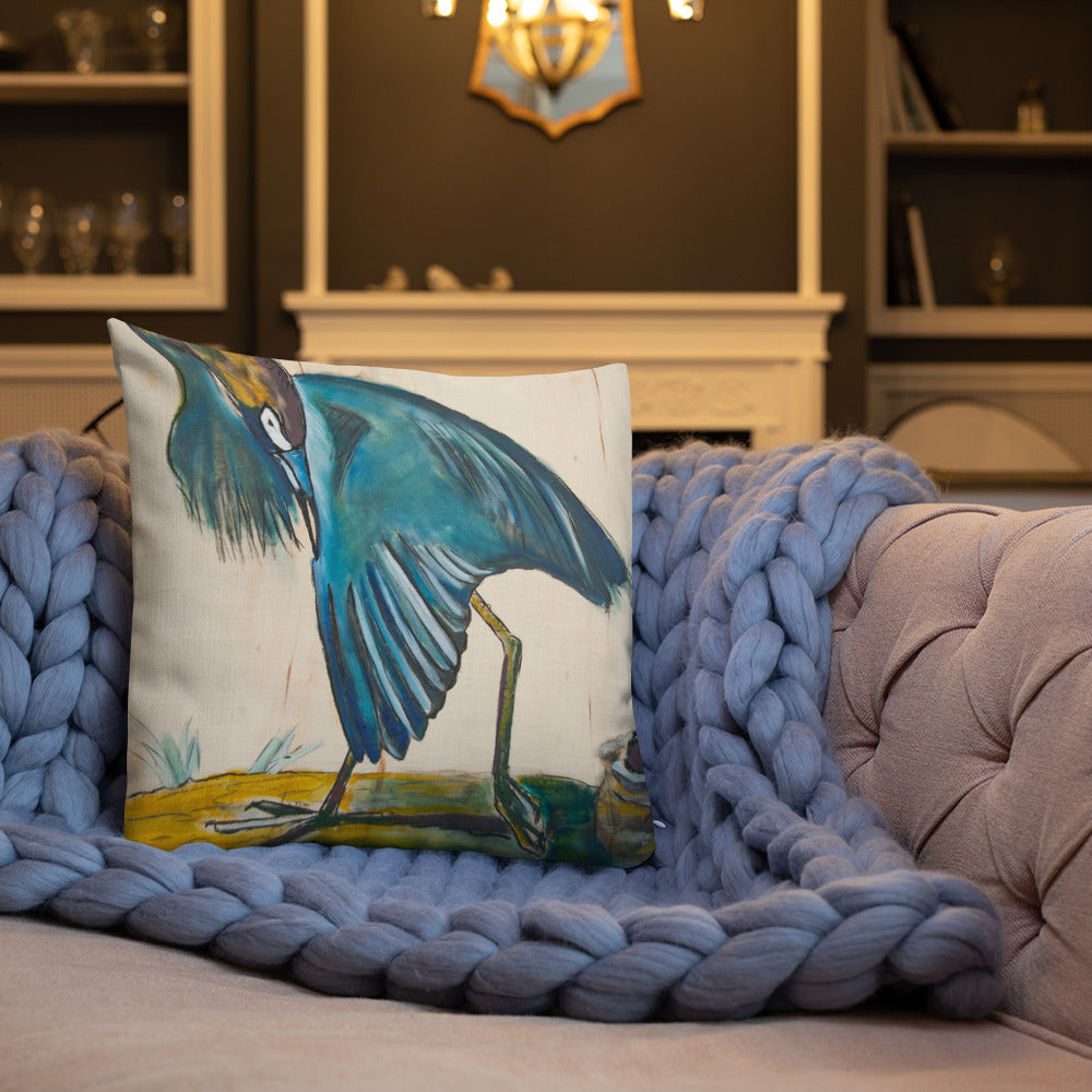 Blue Heron Showing Wing on Wood Premium Pillow