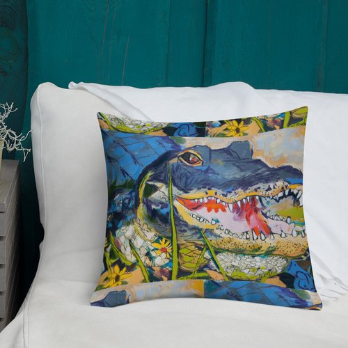 Gator with Wildflowers Pattern Premium Pillow