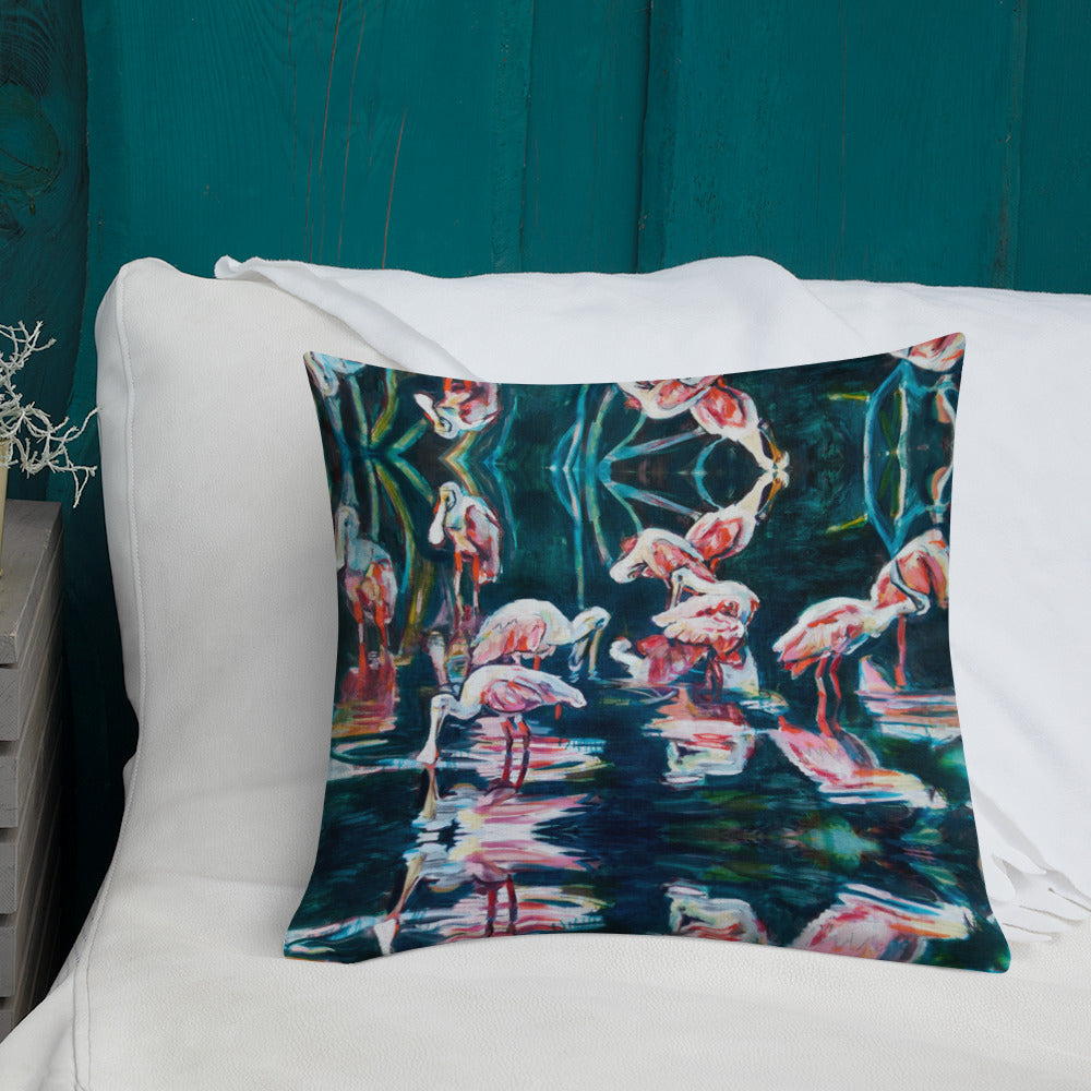 Roseate Spoonbills Reflection Premium Pillow