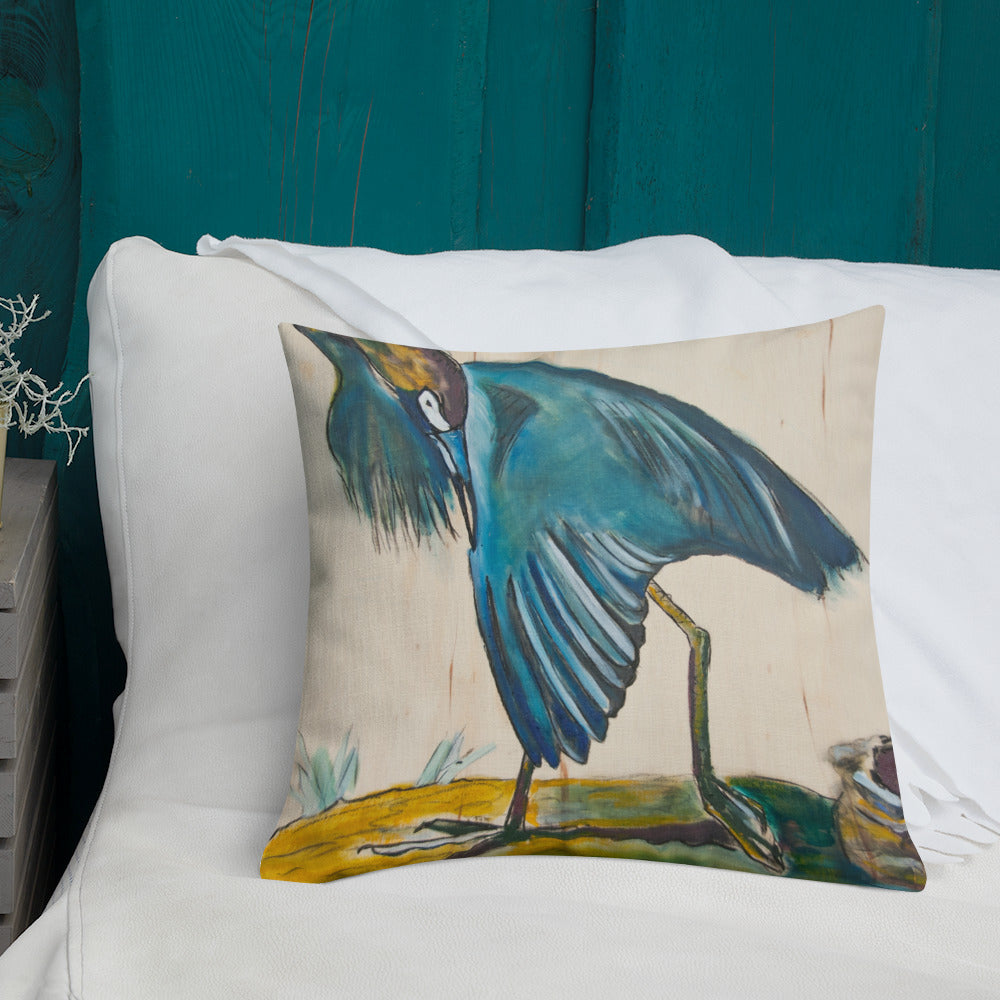 Blue Heron Showing Wing on Wood Premium Pillow