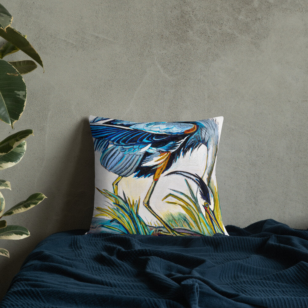 Blue Heron Catching Fish Premium Pillow