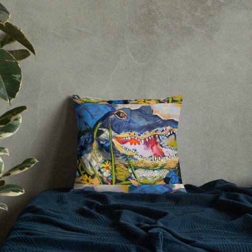 Gator with Wildflowers Pattern Premium Pillow