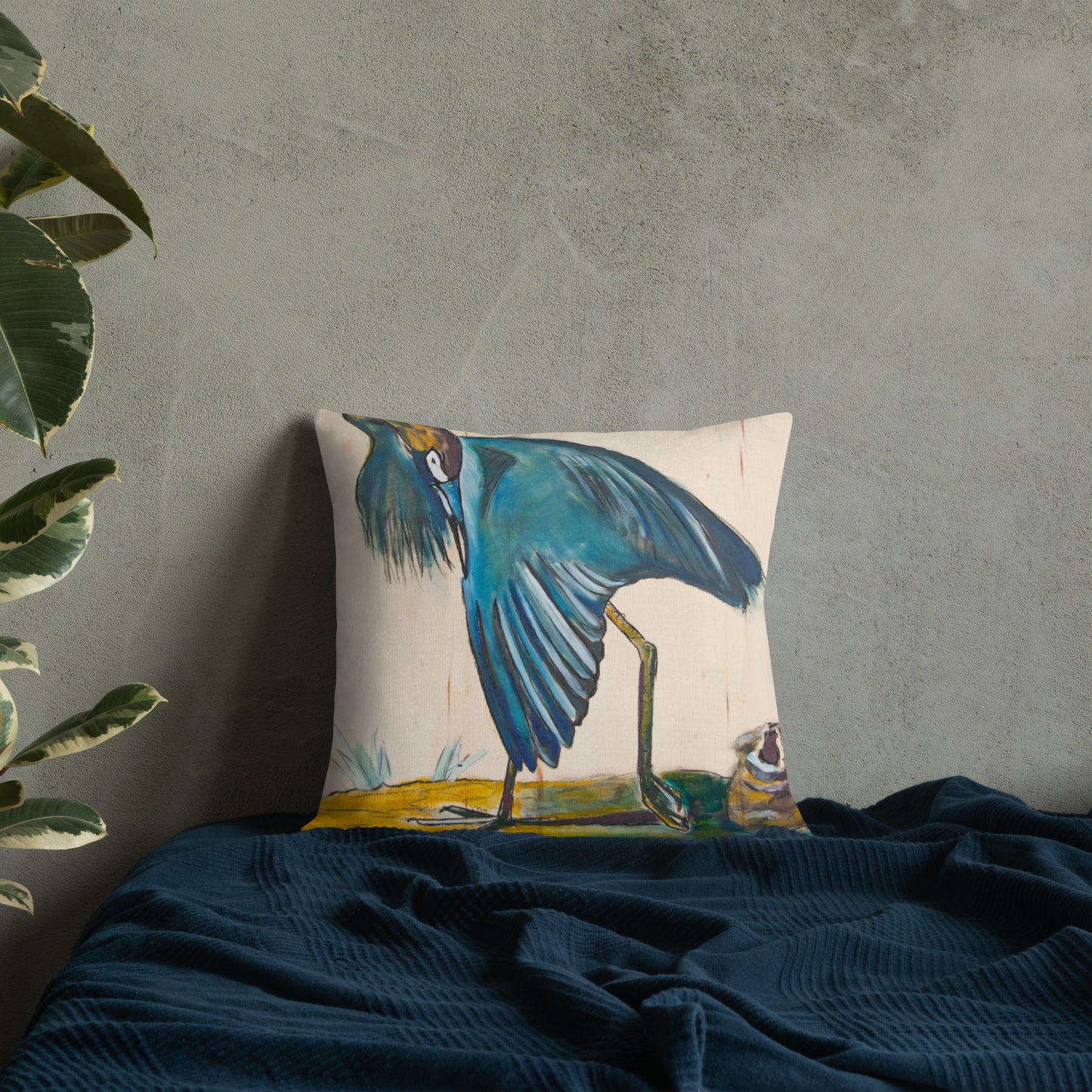 Blue Heron Showing Wing on Wood Premium Pillow