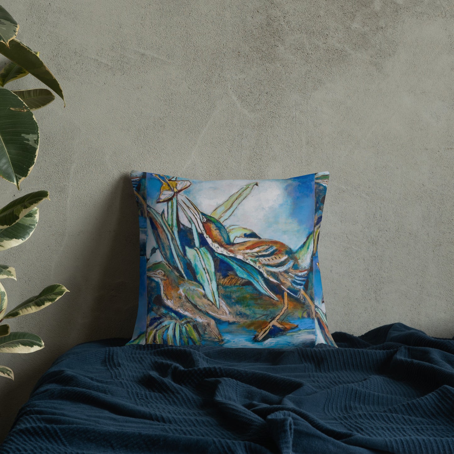 Green Herons Chasing Butterfly Premium Pillow