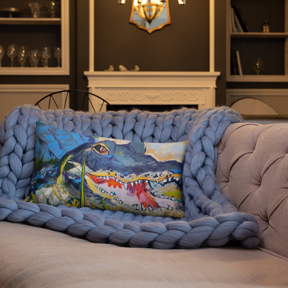 Cropped Gator with Wildflowers Premium Pillow