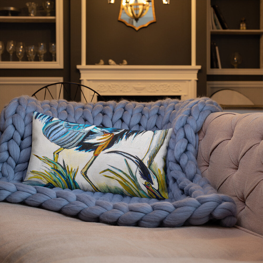 Blue Heron Catching Fish Premium Pillow