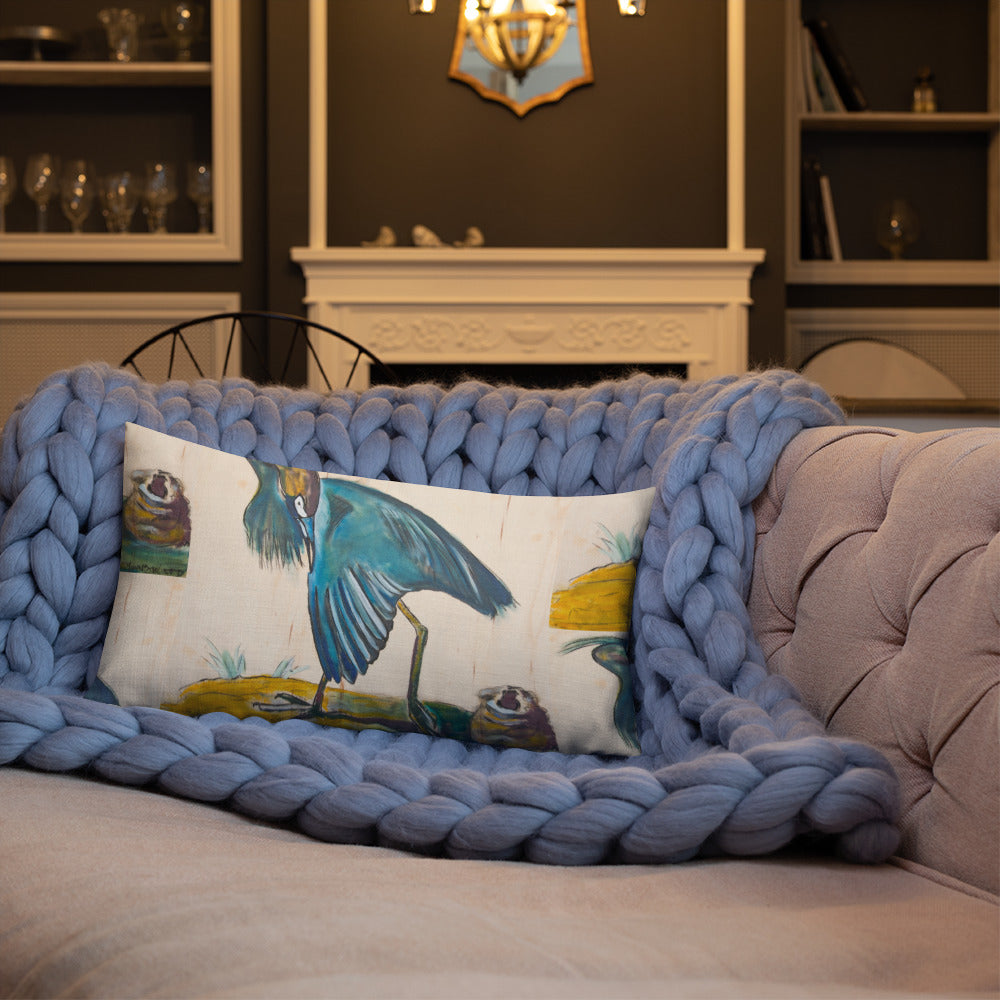 Blue Heron Showing Wing on Wood Premium Pillow