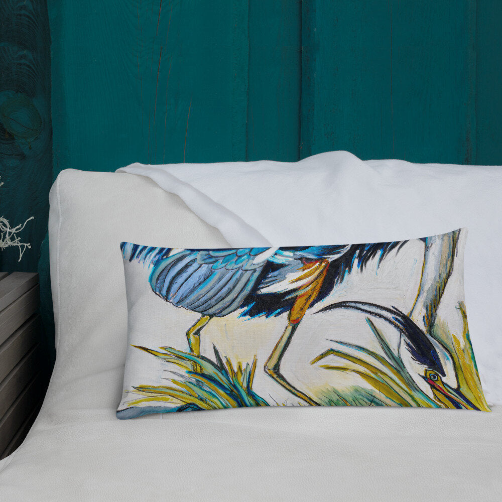 Blue Heron Catching Fish Premium Pillow