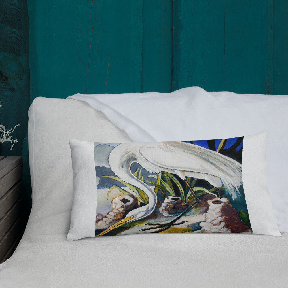 White Heron with Crawfish Piles Premium Pillow