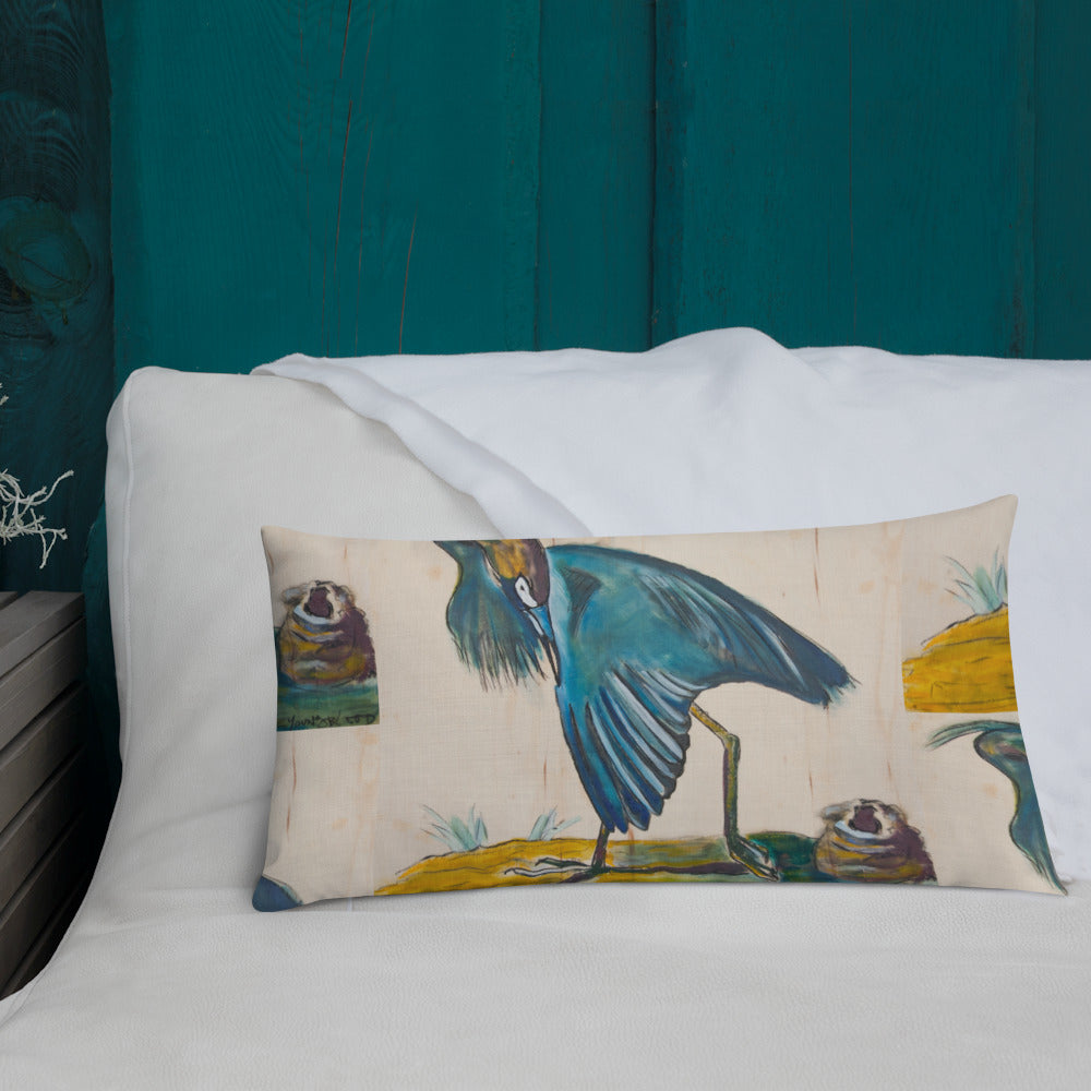 Blue Heron Showing Wing on Wood Premium Pillow