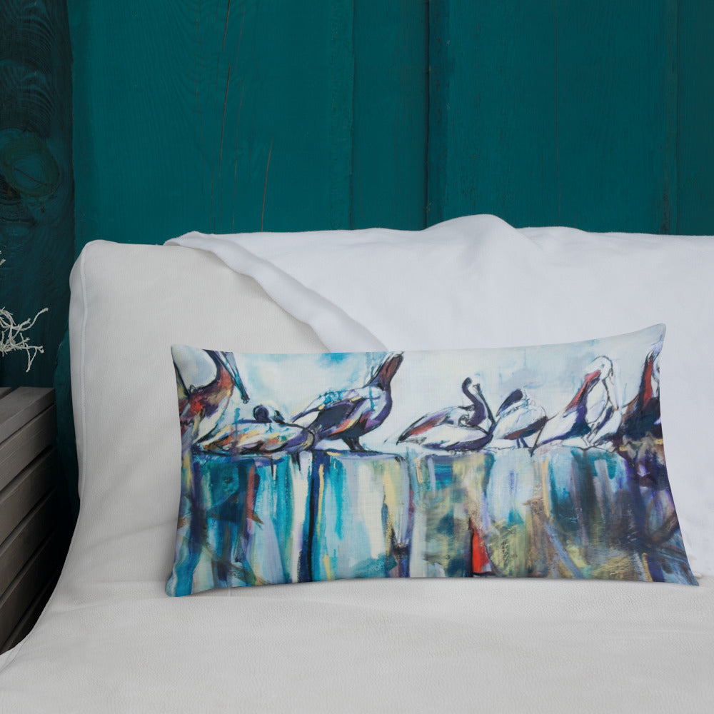 Bold Pelicans on the Pier Premium Pillow