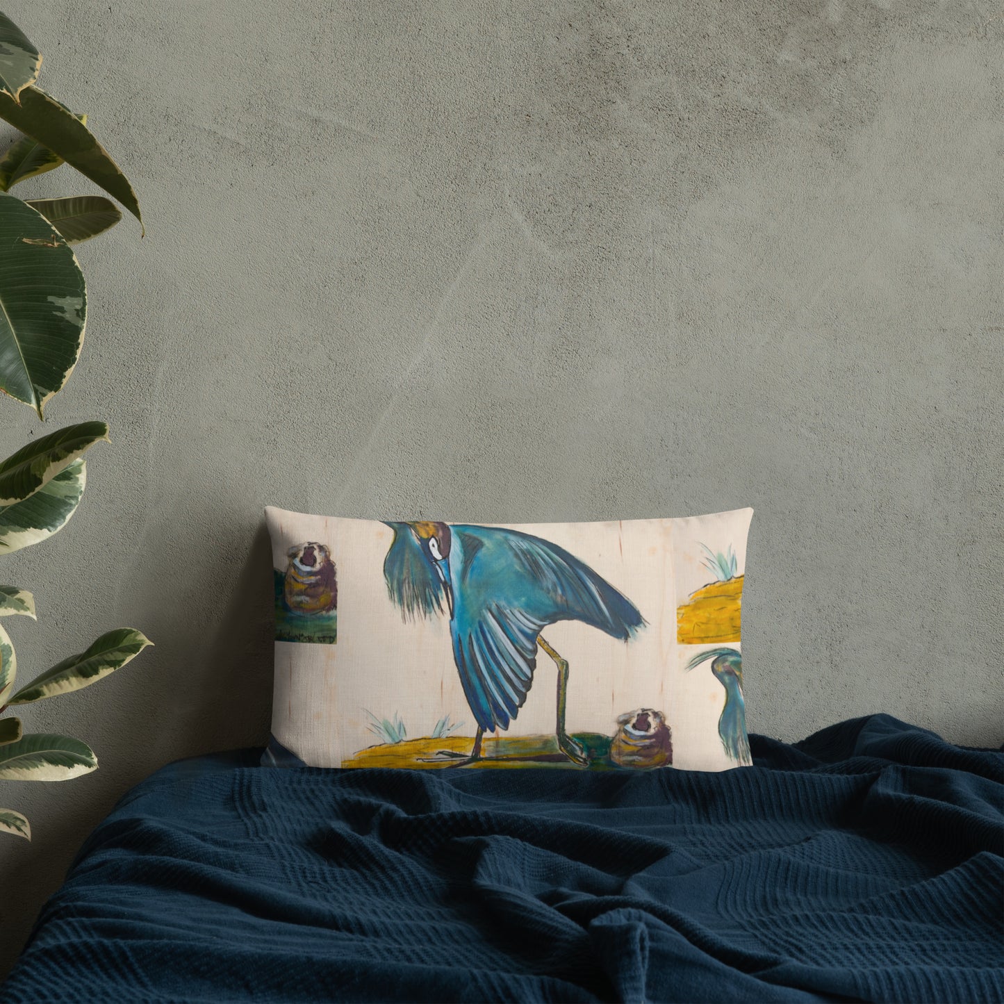 Blue Heron Showing Wing on Wood Premium Pillow