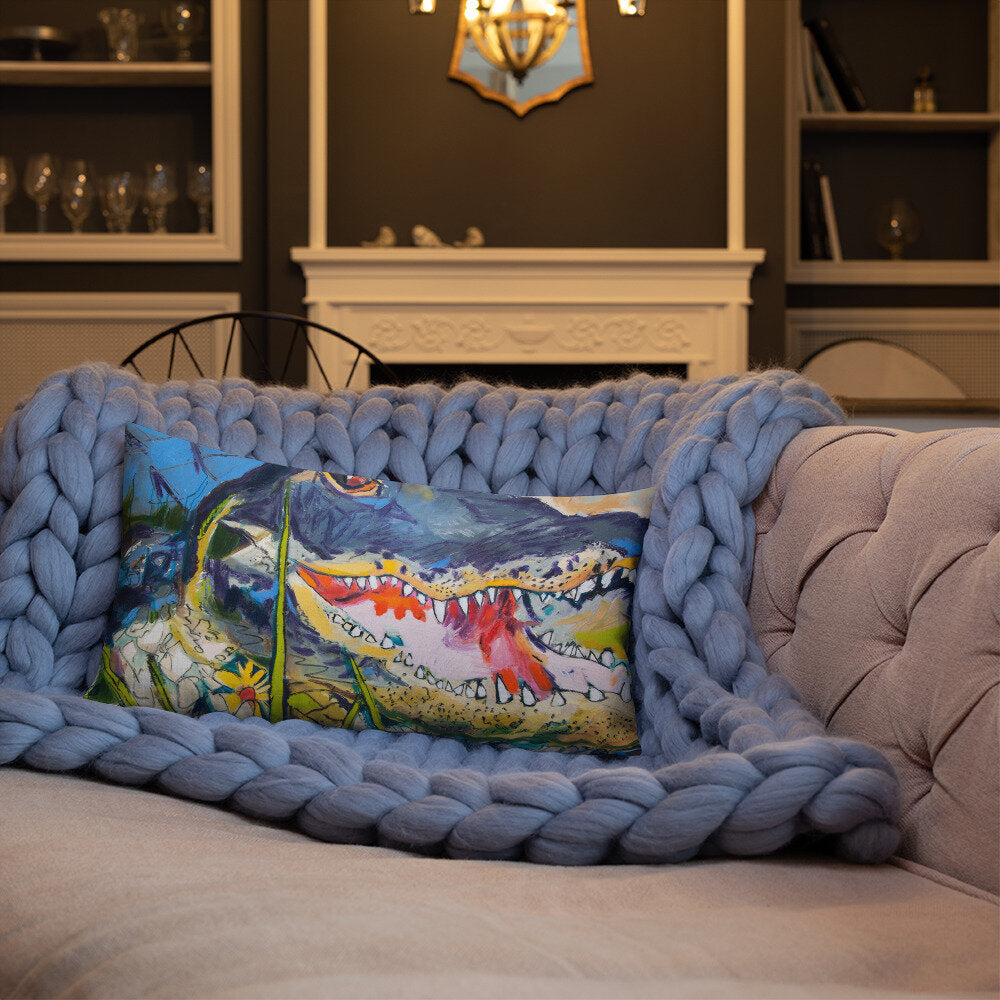 Cropped Gator with Wildflowers Premium Pillow