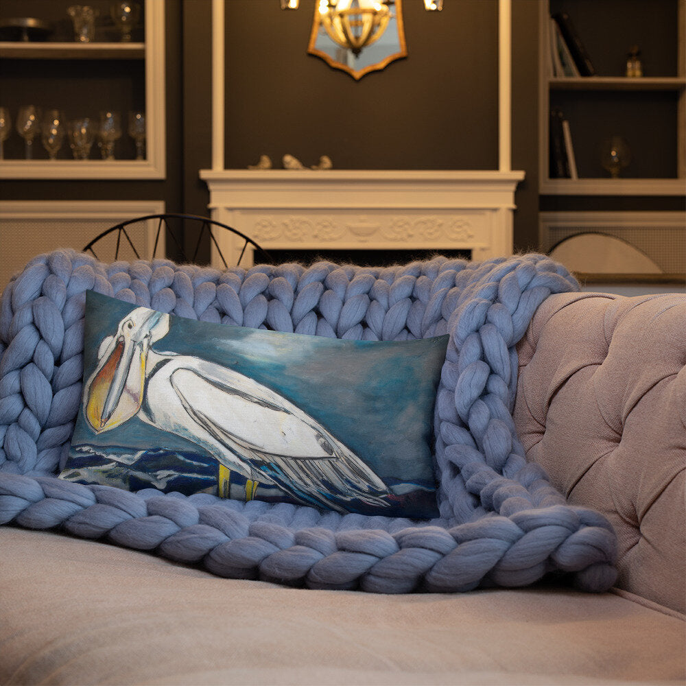 White Pelican on the Shore Premium Pillow