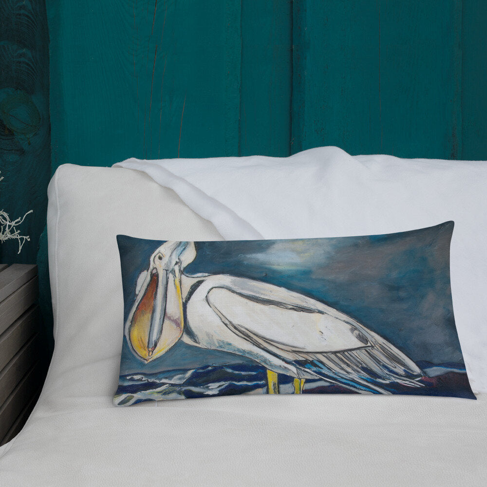 White Pelican on the Shore Premium Pillow