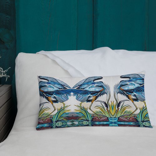 Blue Heron Catching Fish Pattern Premium Pillow