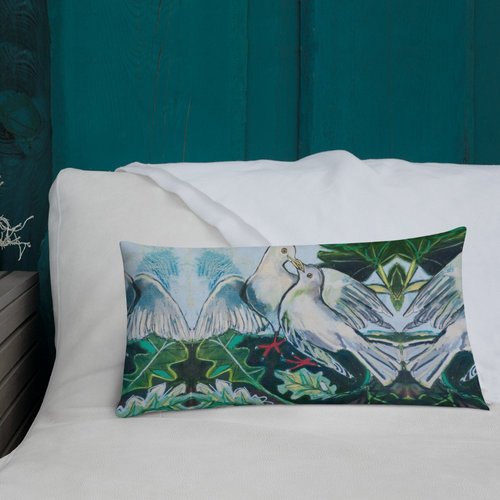 Doves in Abstract Landscape Premium Pillow