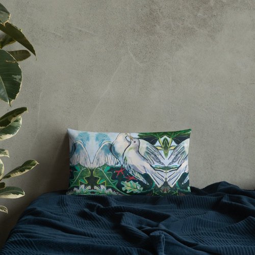 Doves in Abstract Landscape Premium Pillow