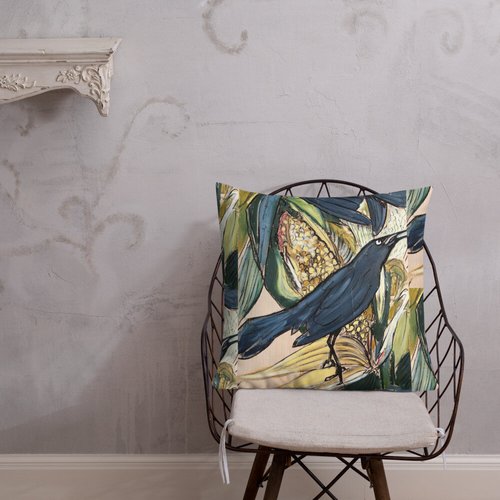 Grackle with Corn Pattern Premium Pillow