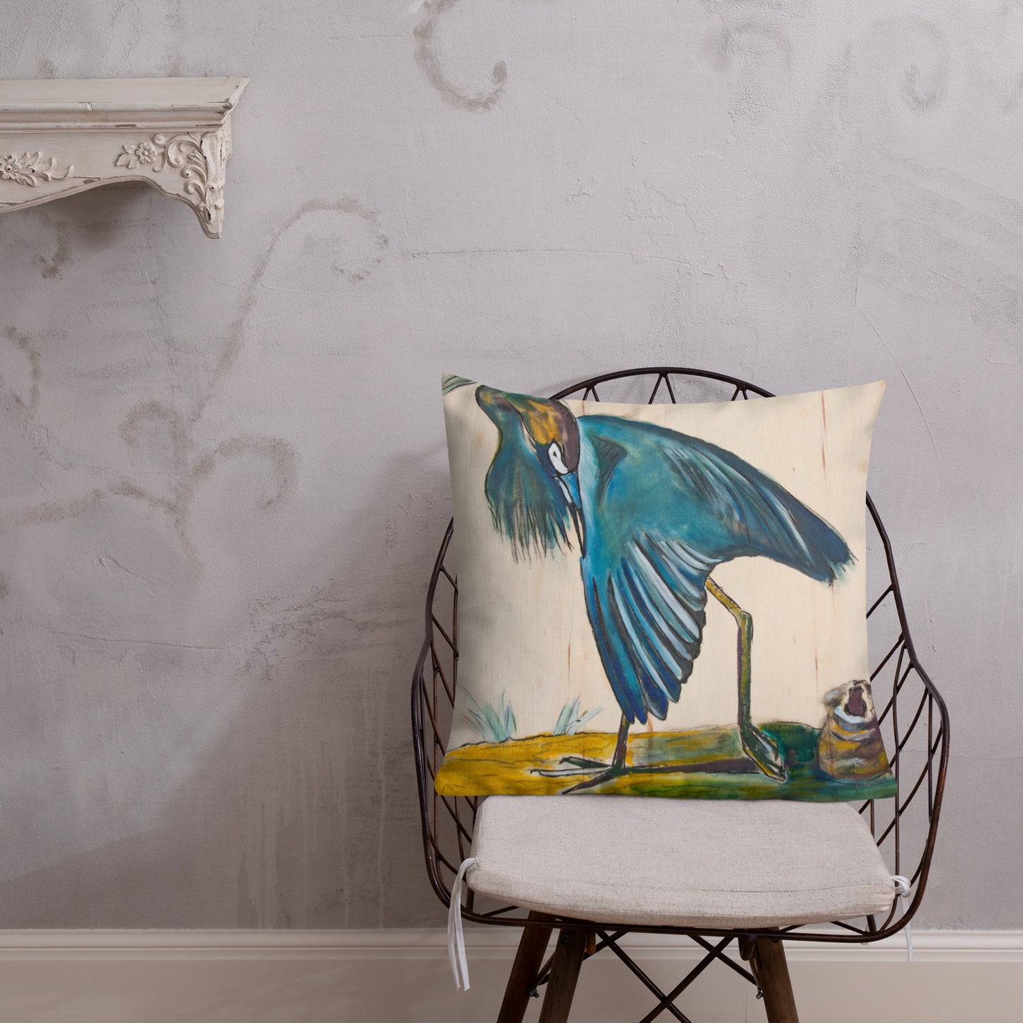 Blue Heron Showing Wing on Wood Premium Pillow