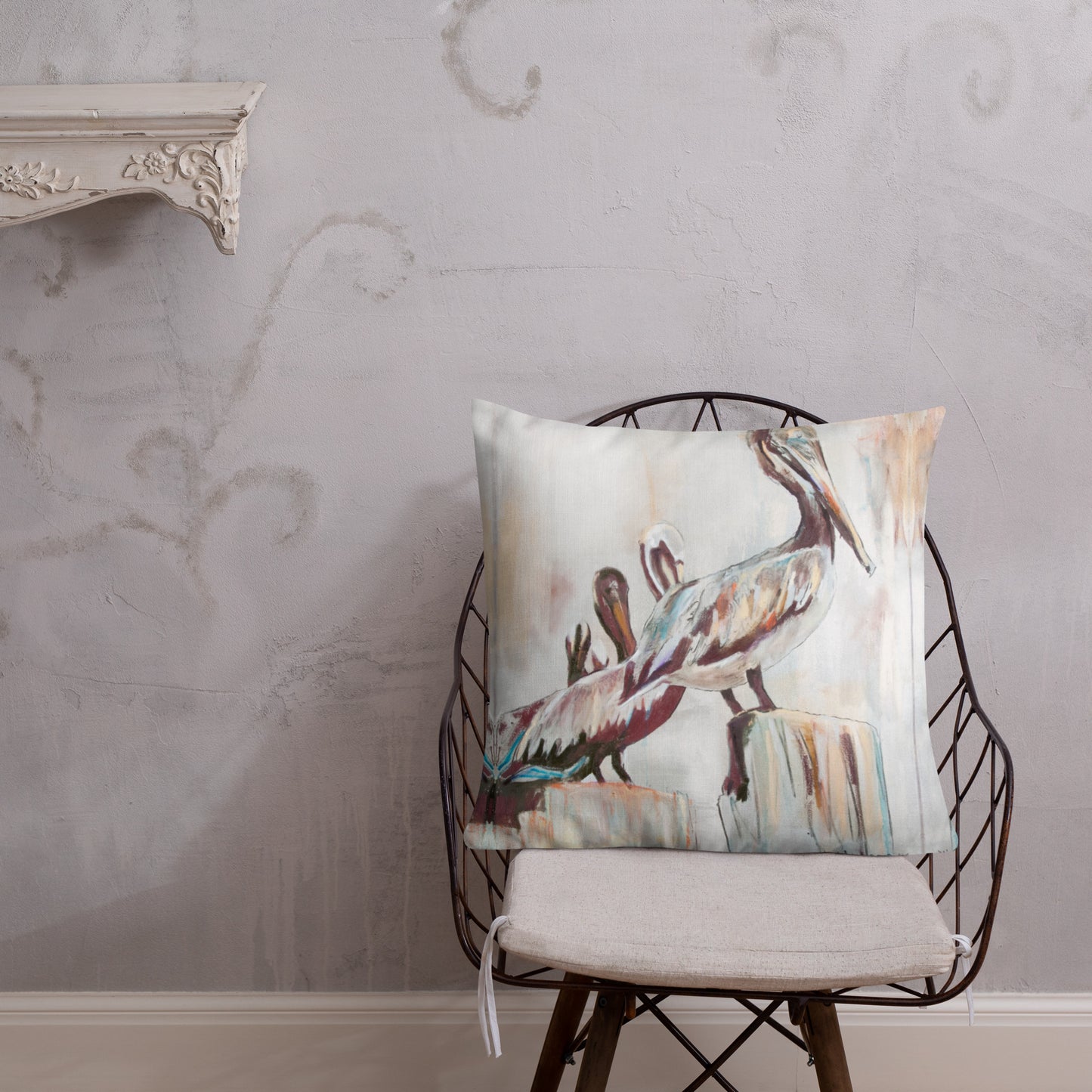 Pelicans in the Fog with Metallic Silver Premium Pillow