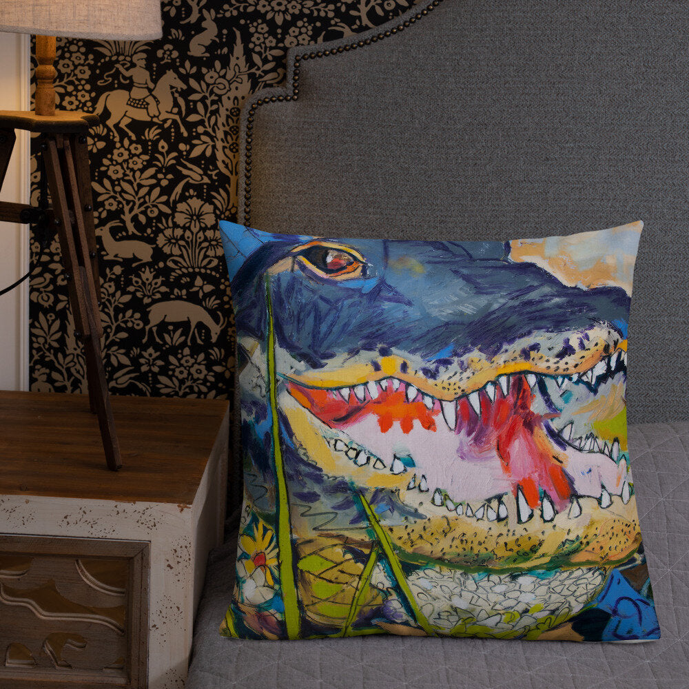 Cropped Gator with Wildflowers Premium Pillow