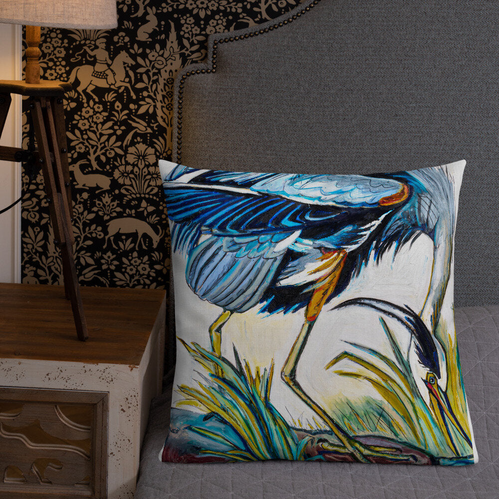 Blue Heron Catching Fish Premium Pillow