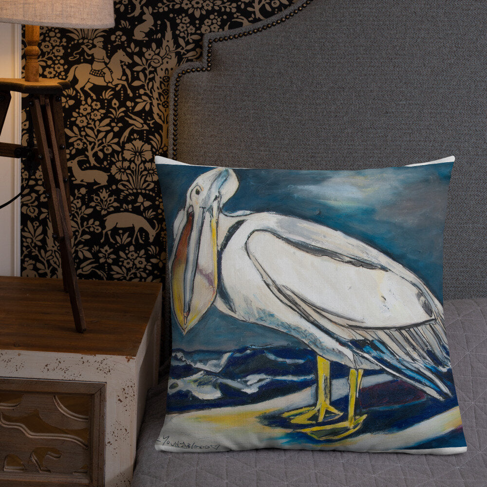 White Pelican on the Shore Premium Pillow