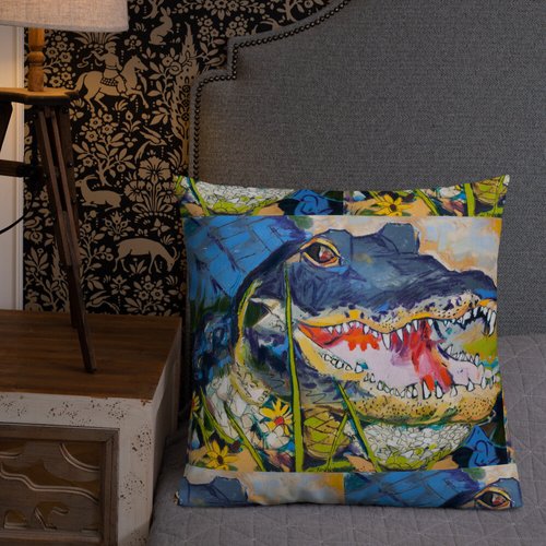 Gator with Wildflowers Pattern Premium Pillow