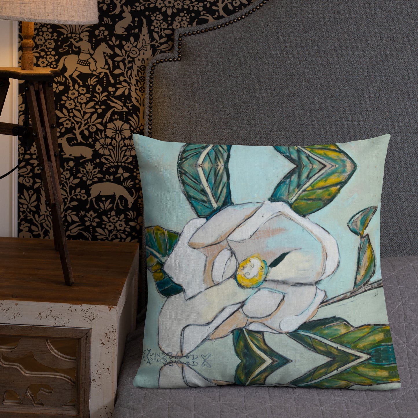 Magnolia with Soft Teal Premium Pillow